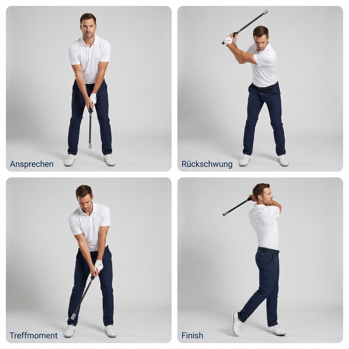 Golfschwung in vier Phasen: Ansprechen, Rückschwung, Treffmoment, Finish
